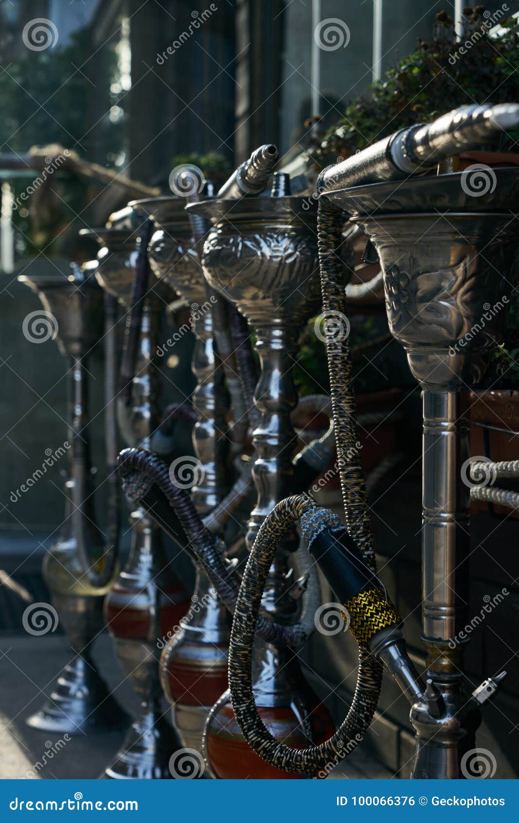 Group of Eastern Silver Hookahs on Hookah Lounge Stock Photo Image of