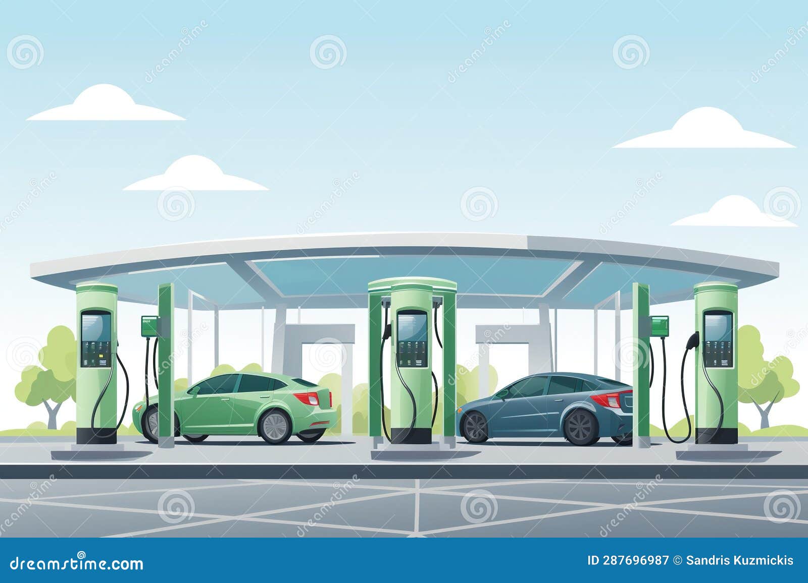 A Group of Electric Car Public Chargers Together Stock Illustration