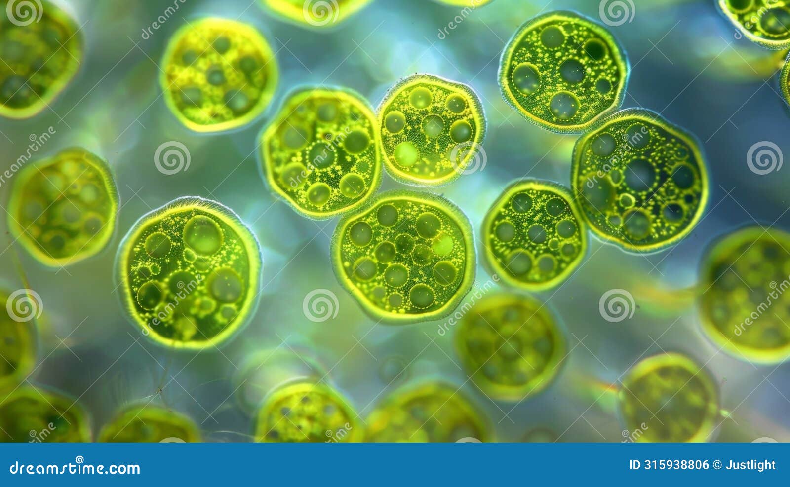 a group of euglenoids captured in the process of photosynthesis. the chloroplasts within their cells are visible as