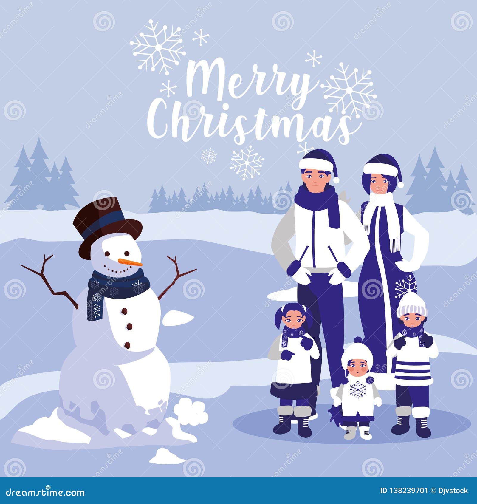 Group of Family with Clothes Christmas in Winter Landscape Stock Vector ...