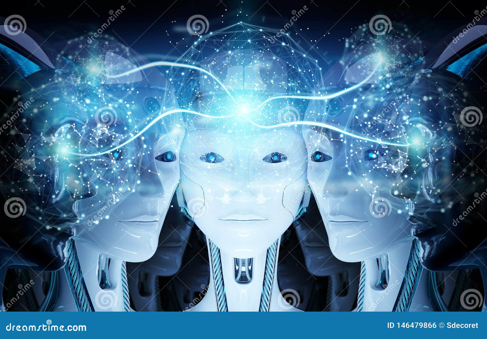 group of female robots heads creating digital sphere network 3d rendering