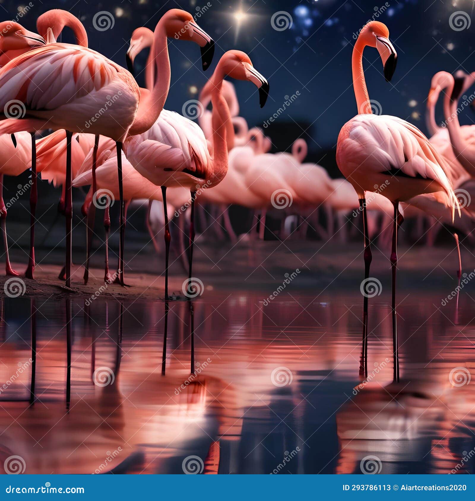 a group of flamingos dancing by the waters edge, their reflections shimmering under the night sky1