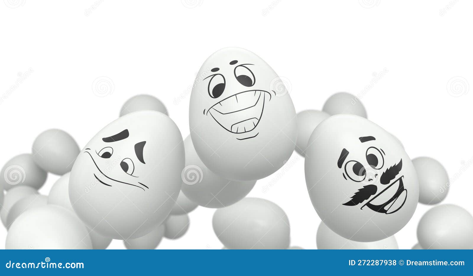 Group of Flying Farm White Chicken Eggs Flying with Funny Face and
