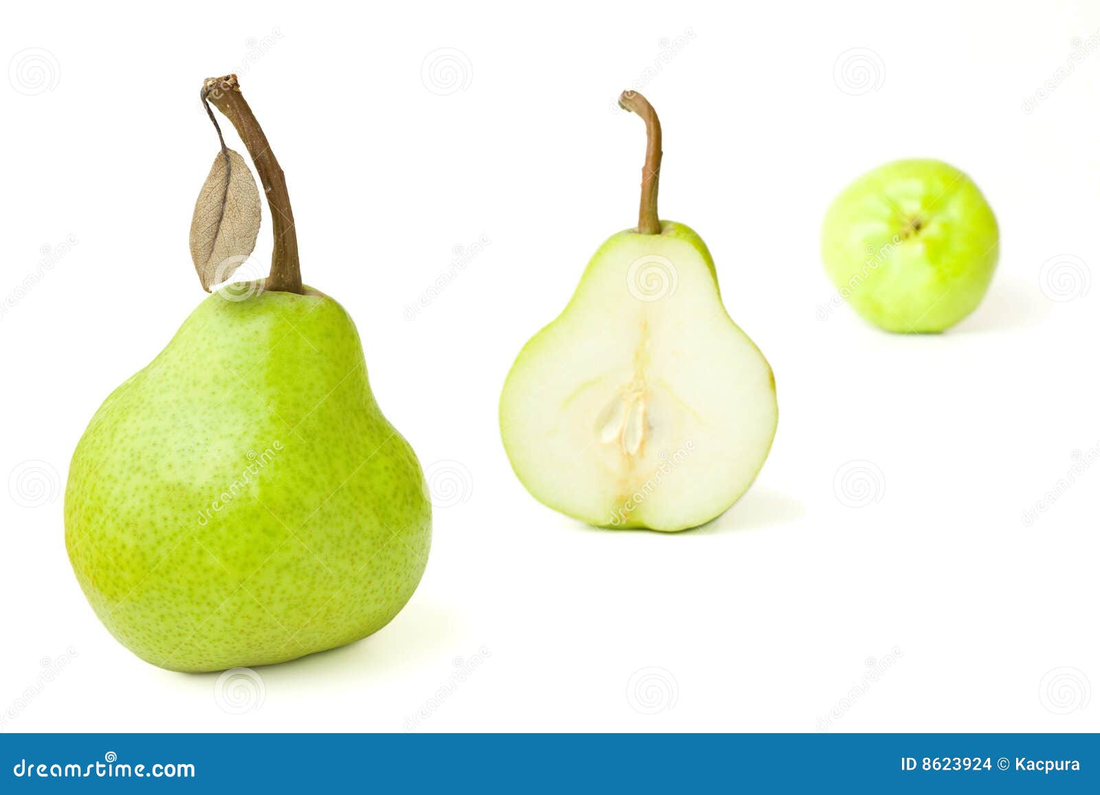 group of fresh pears with one halved