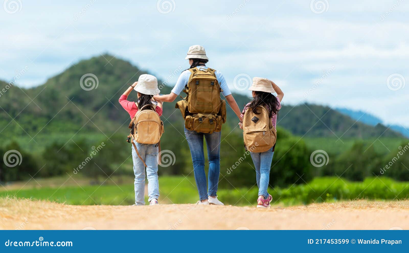 group friend children travel nature summer trips.  family asia people tourism walking on road