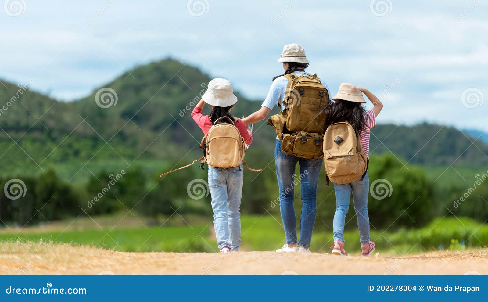 group friend children travel nature summer trips.  family asia people tourism walking on road happy and fun explore adventure outd