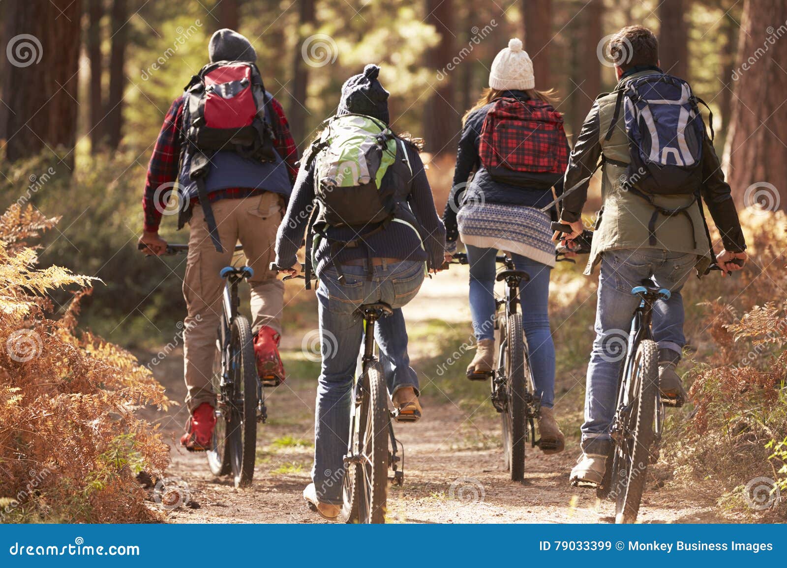 Group of Friends on Bikes in a Forest, Back View Close Up Stock Image