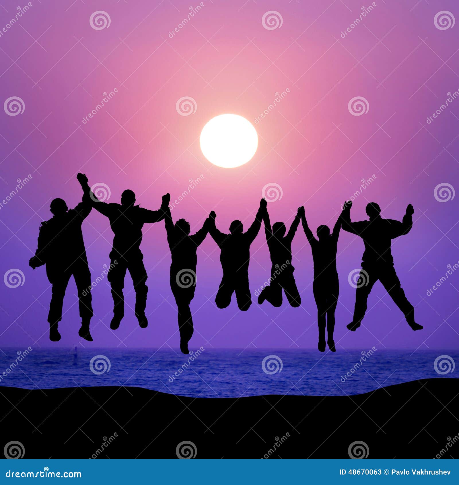 Group Of Friends Jumping Against Sunset Stock Image Image Of Coast Friendship 48670063