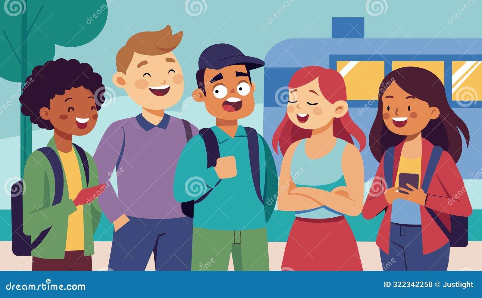 a group of friends nervously chatting and laughing trying to hide their first day jitters as they wait for the bus