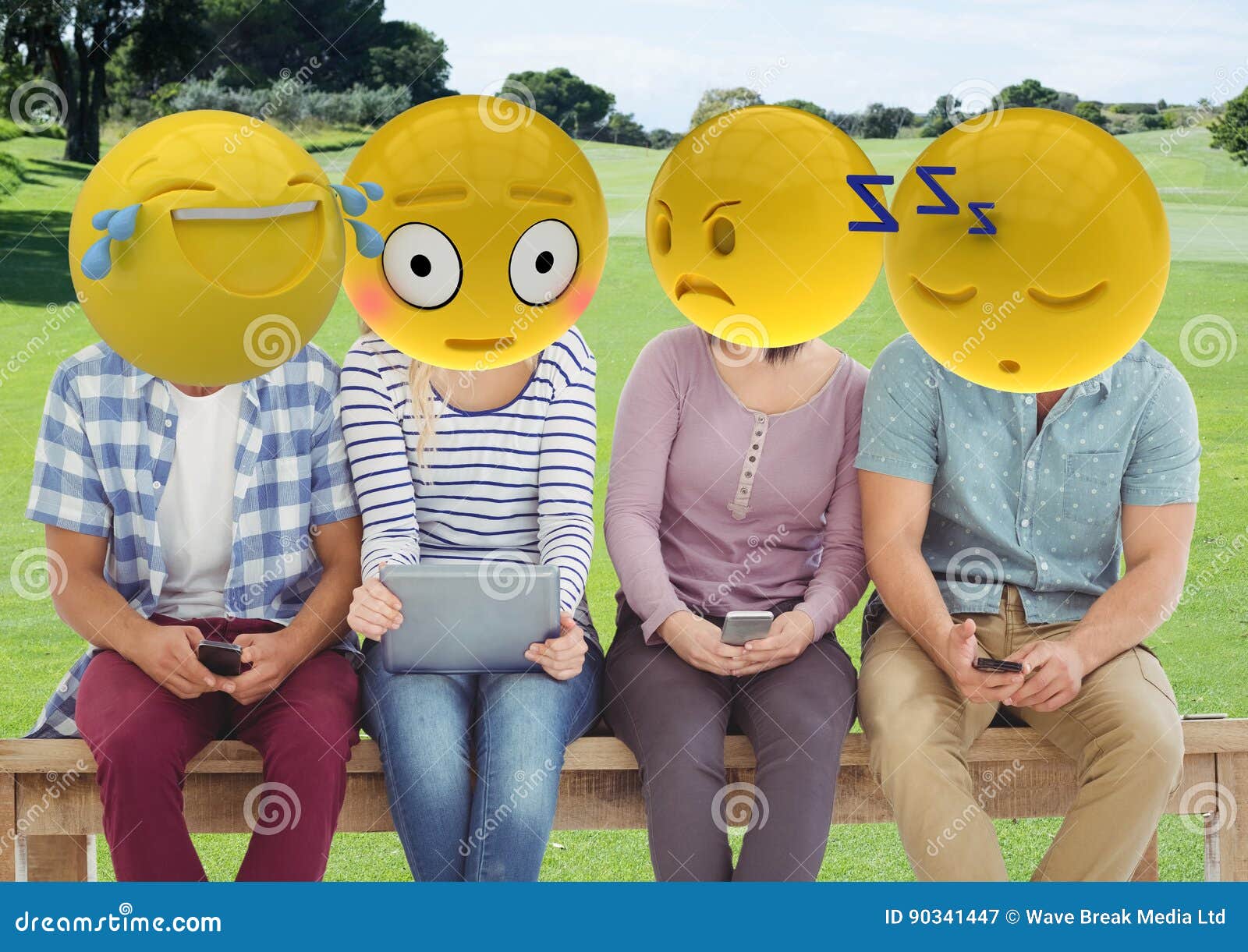 Group of Friends in the Park. Emoji Face Stock Illustration