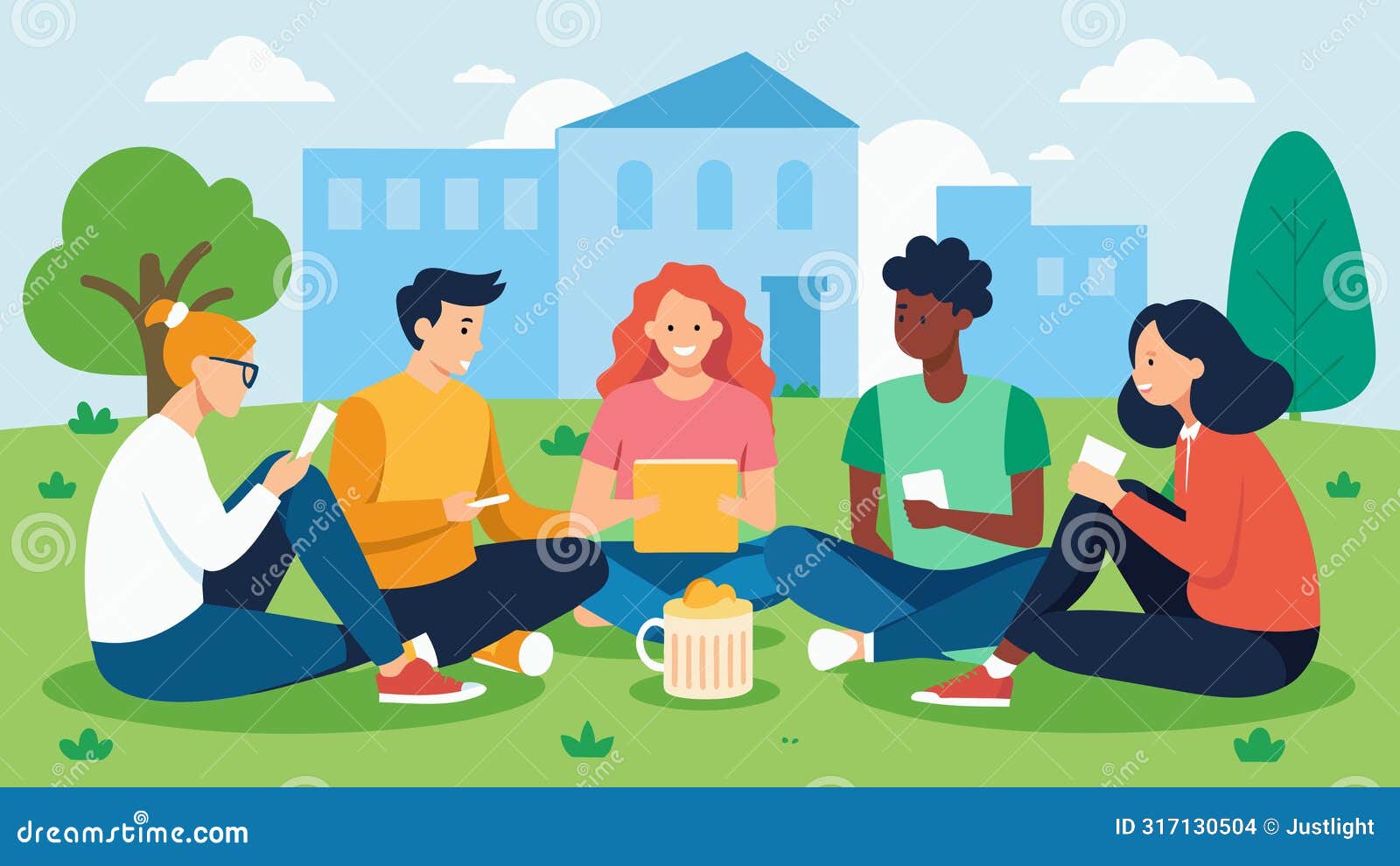a group of friends sitting on a campus lawn trading ideas on how to minimize expenses while still having a social life