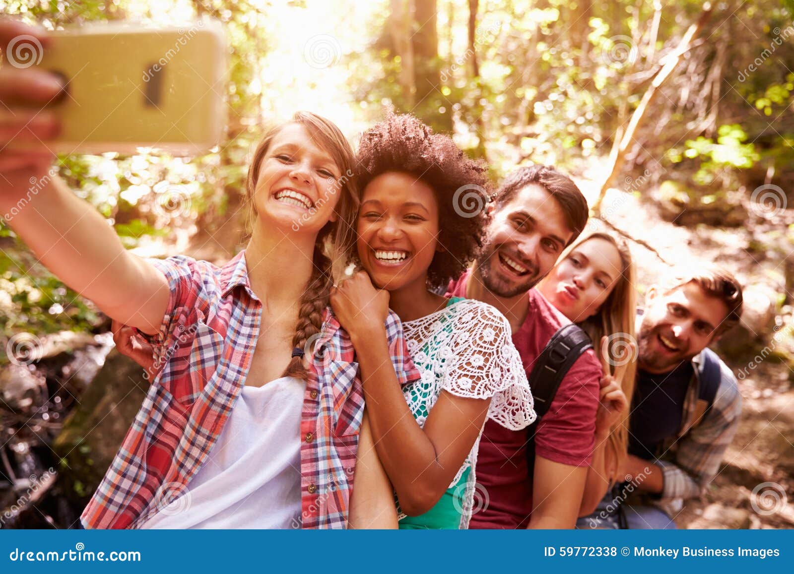 Group of Friends on Walk Taking Selfie in Forest Stock Photo Image of