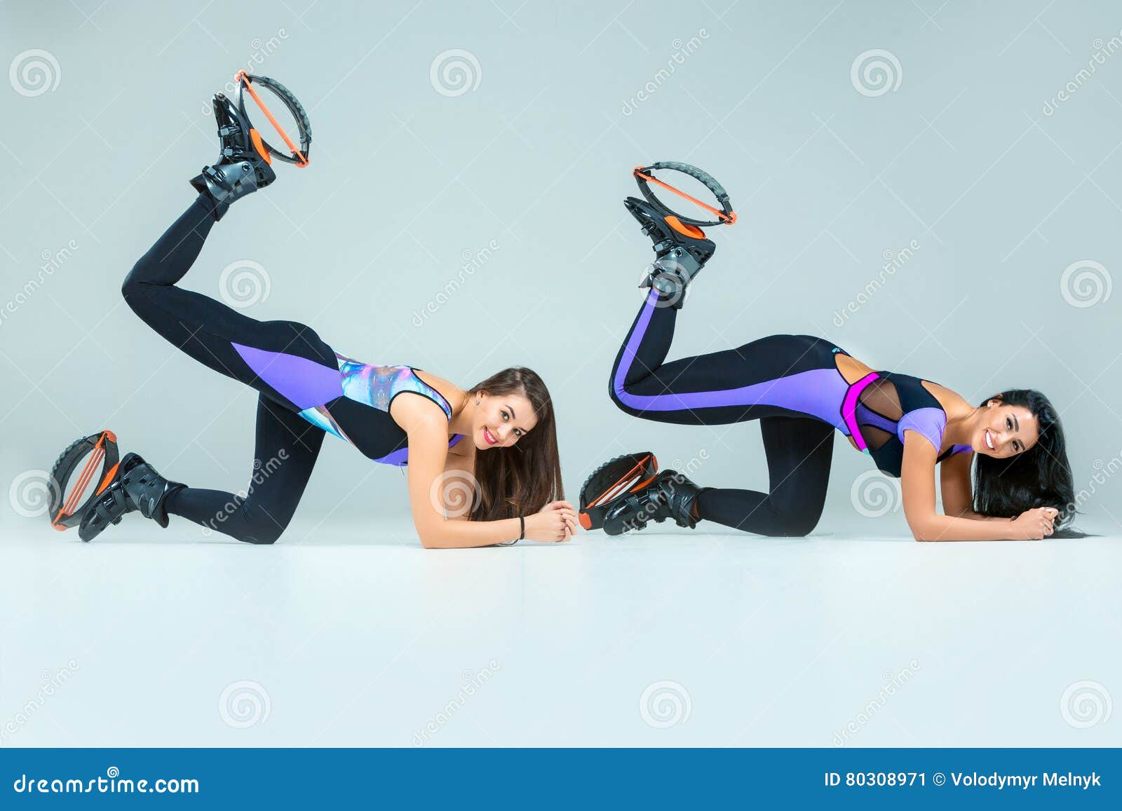 The Group of Girls, Jumping on Kangoo Training Stock Image Image of