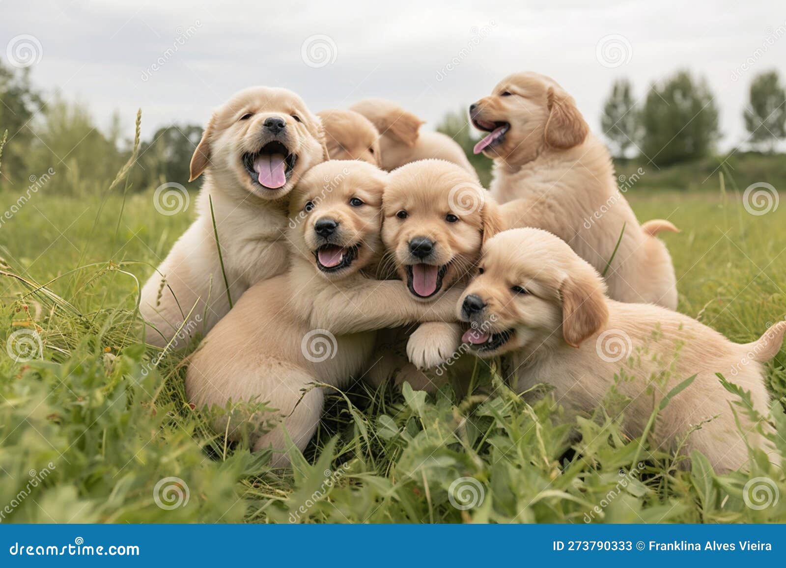 a group of golden retriever puppies playfully tumbling over one another in a grassy field, joyful expressions , ai generative