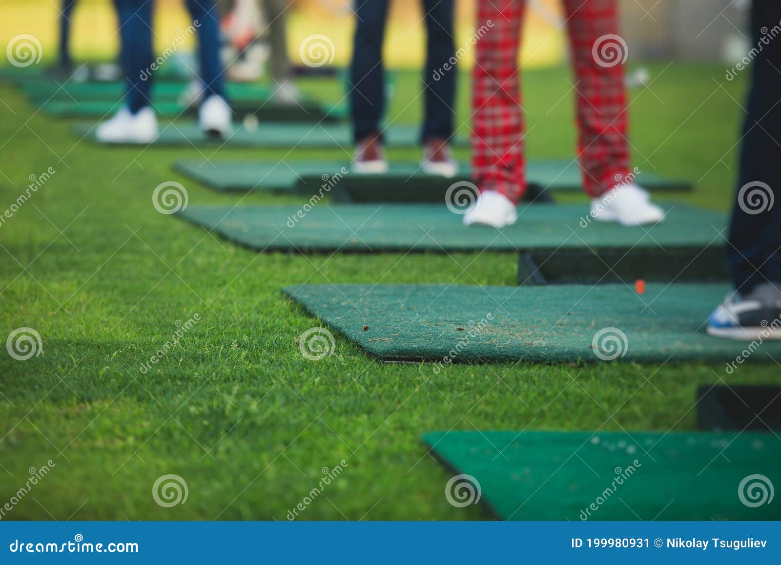 Group of Golfers Practicing and Training Golf Swing on Driving Range Practice, Men Playing on