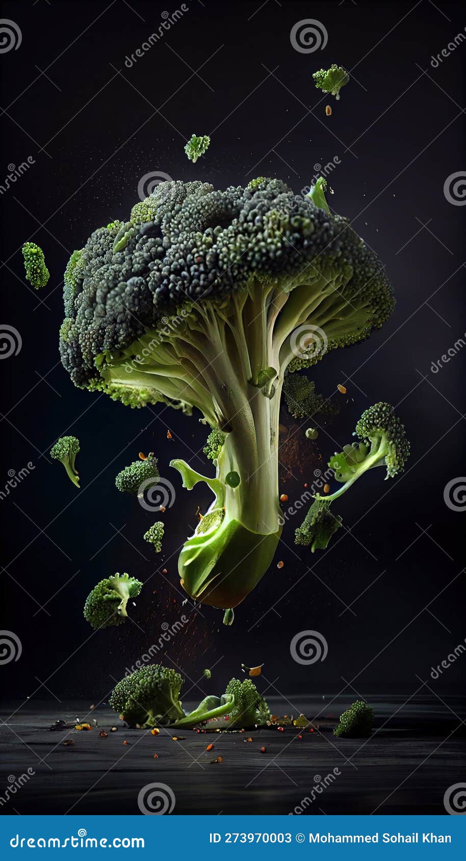 Group of Green Broccoli Vegetable Creatively FallingDripping Flying or
