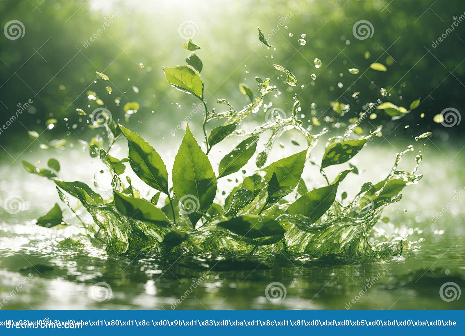 A Group of Green Leaves Splashing in the Water. Ai Generative Stock