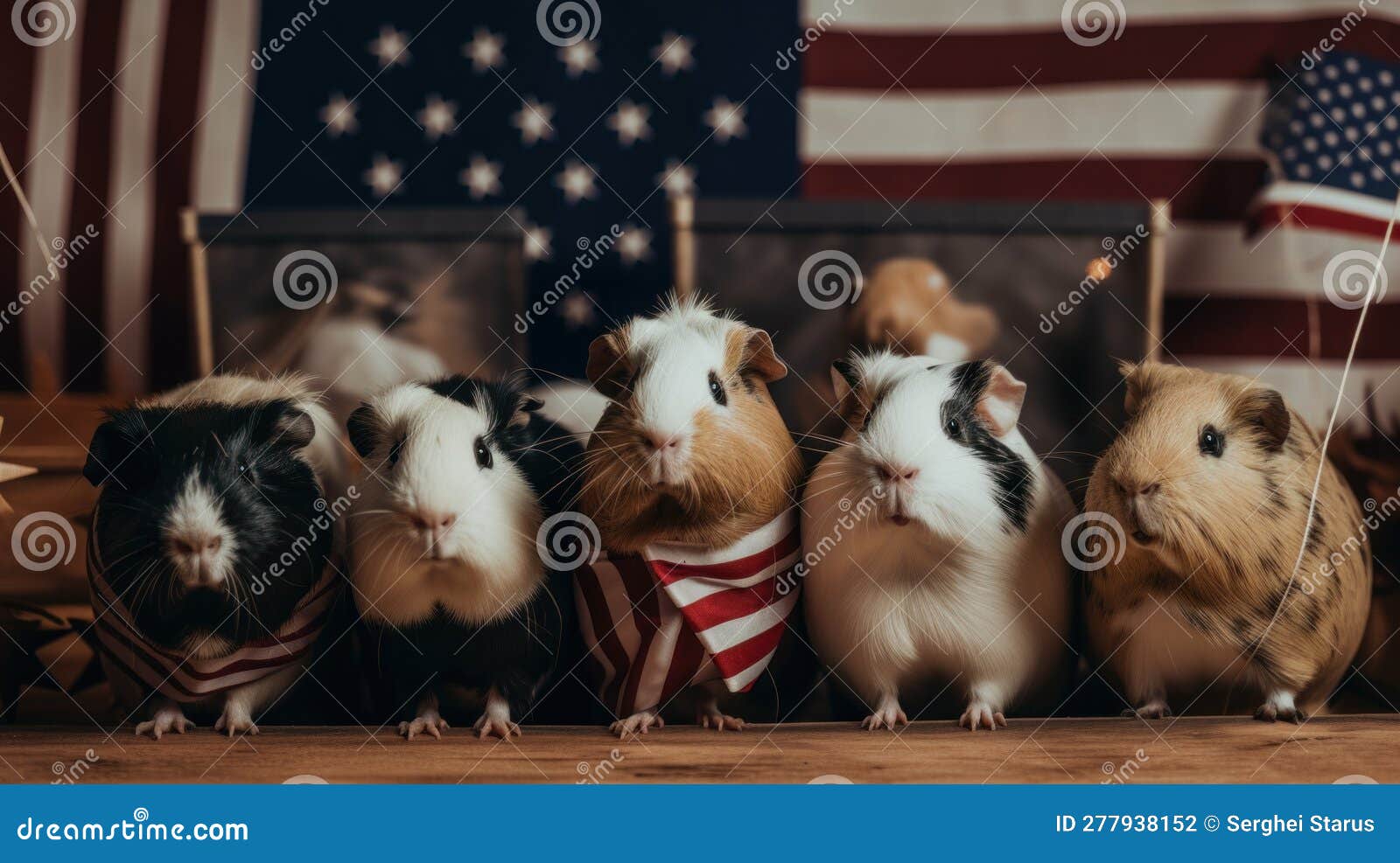 a group of guineas in front of an american flag. generative ai image.