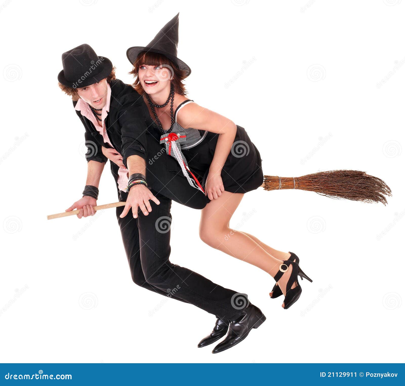 Group Halloween Witch Blond In Hat Fly On Broom. Stock Image Image of party, background 21129911