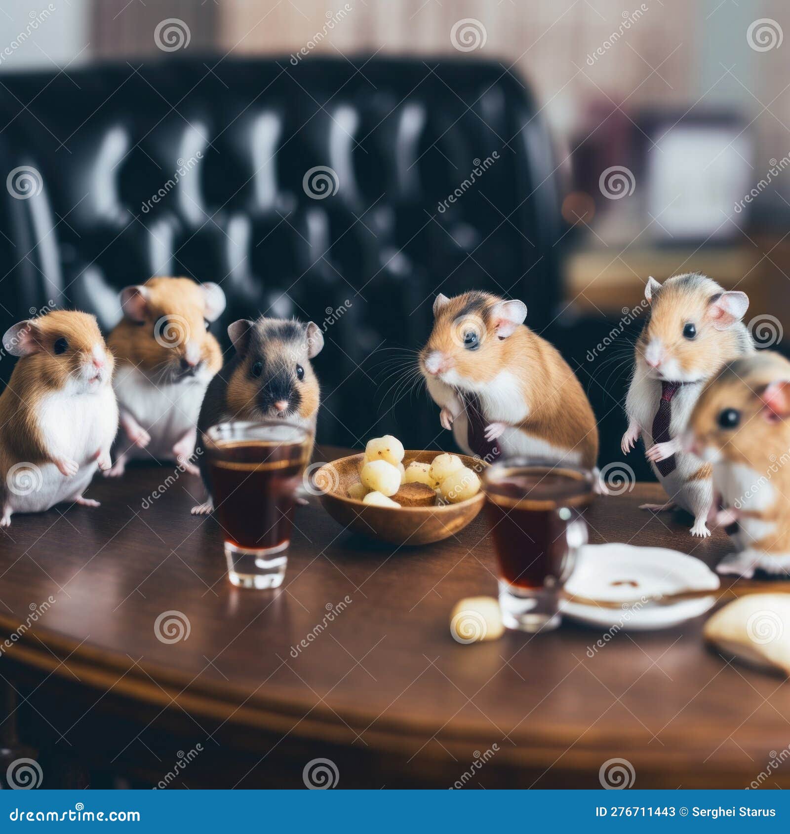 A Group of Hamsters Sitting at a Table with Food. AI Generative Image