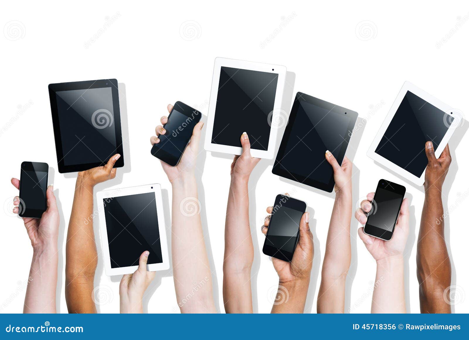 group of hands holding digital devices
