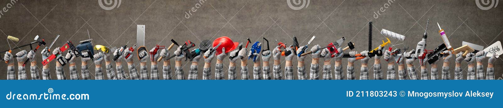 group of hands holds a construction tools for woodworking, construction and repair