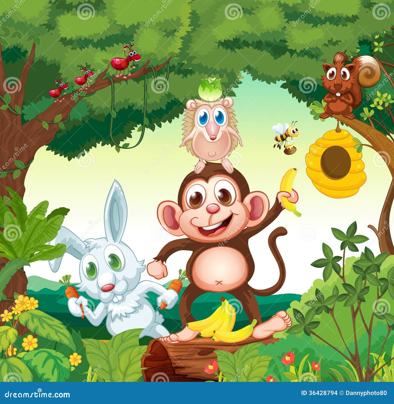 A Group of Happy Animals at the Forest Stock Illustration - Illustration of  monkey, honeybee: 36428794