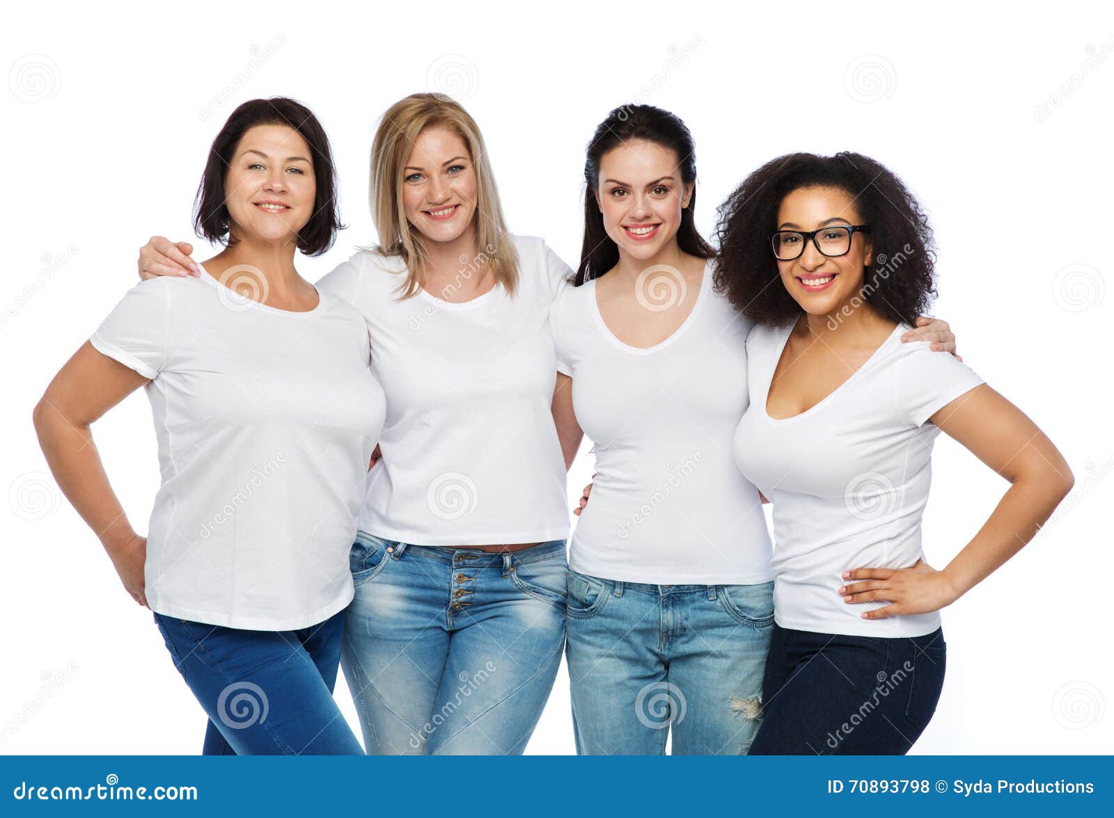 group of happy different women in white t-shirts