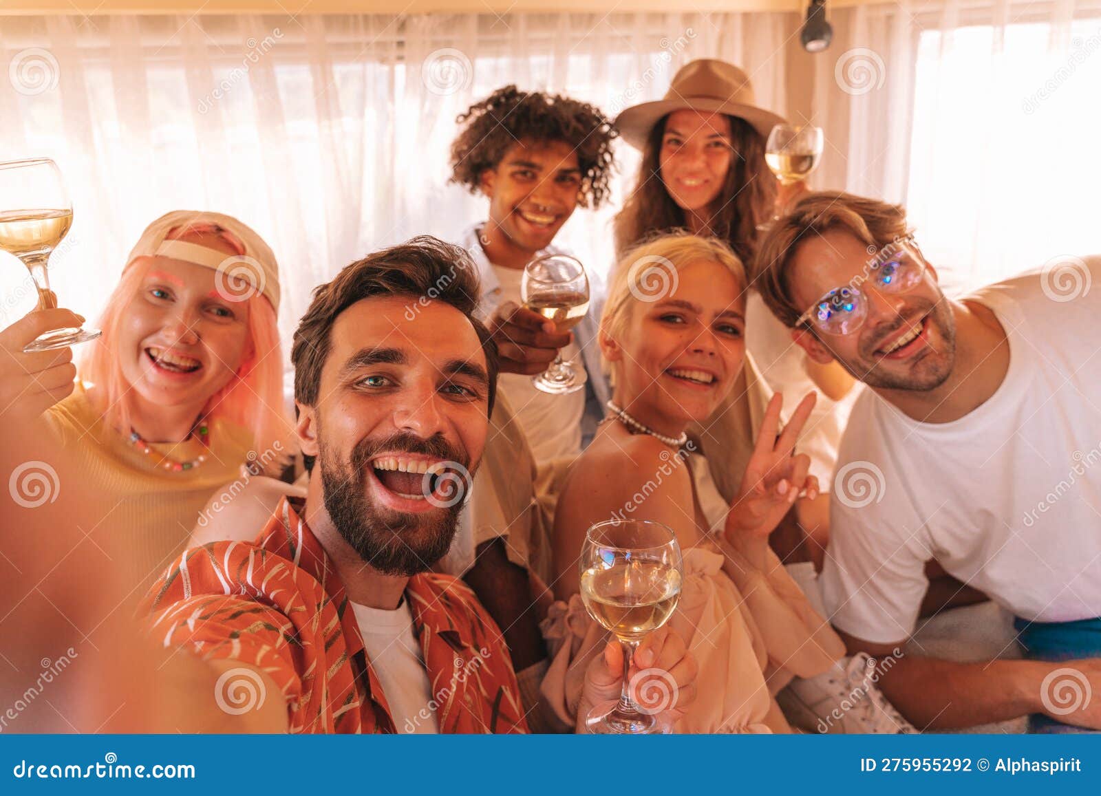 Group of Happy Friend Have a Trip with a Camper Stock Photo Image of