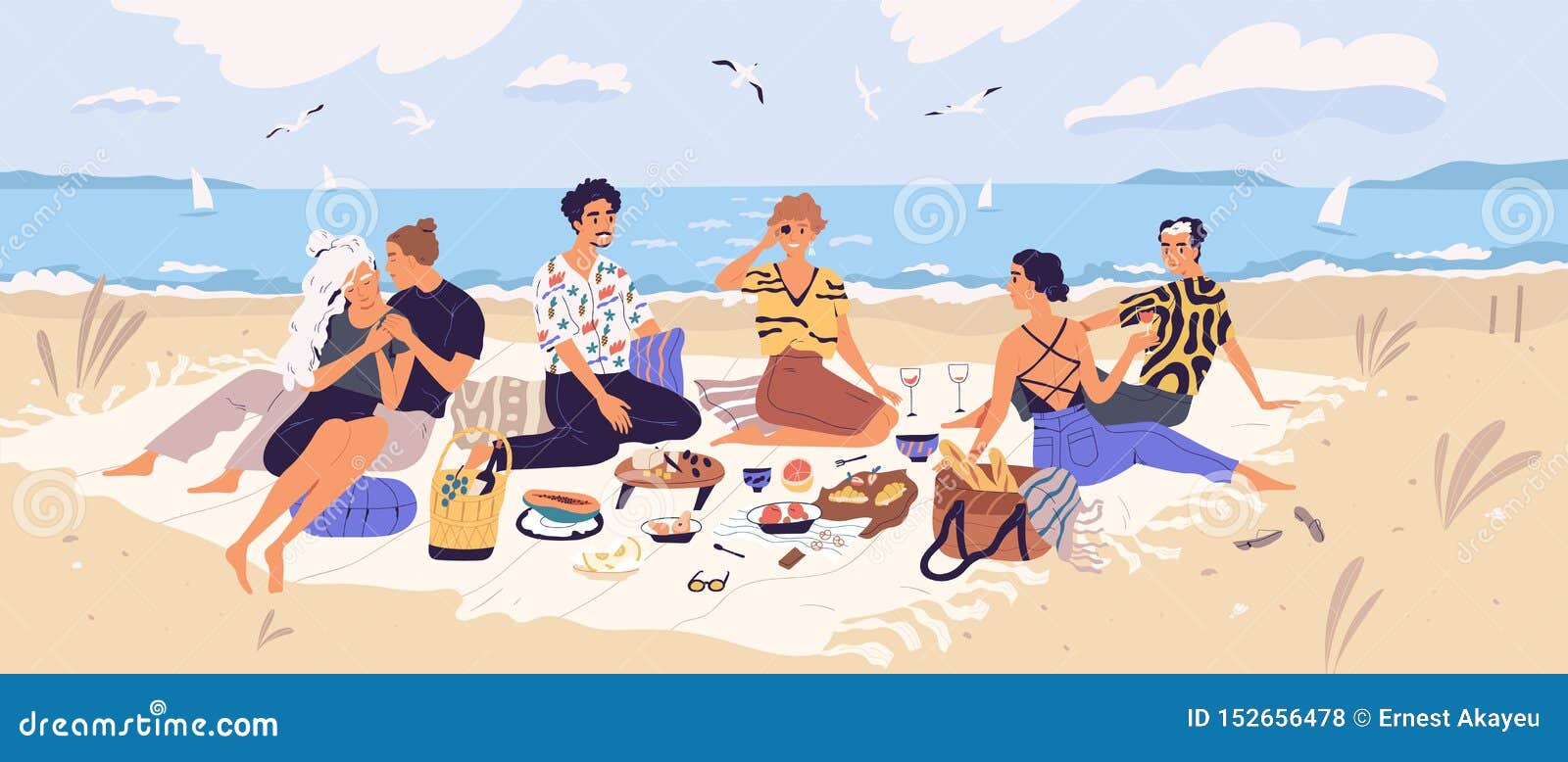 group of happy friends at picnic on seashore. young smiling men and women eating food on sandy beach. cute funny people