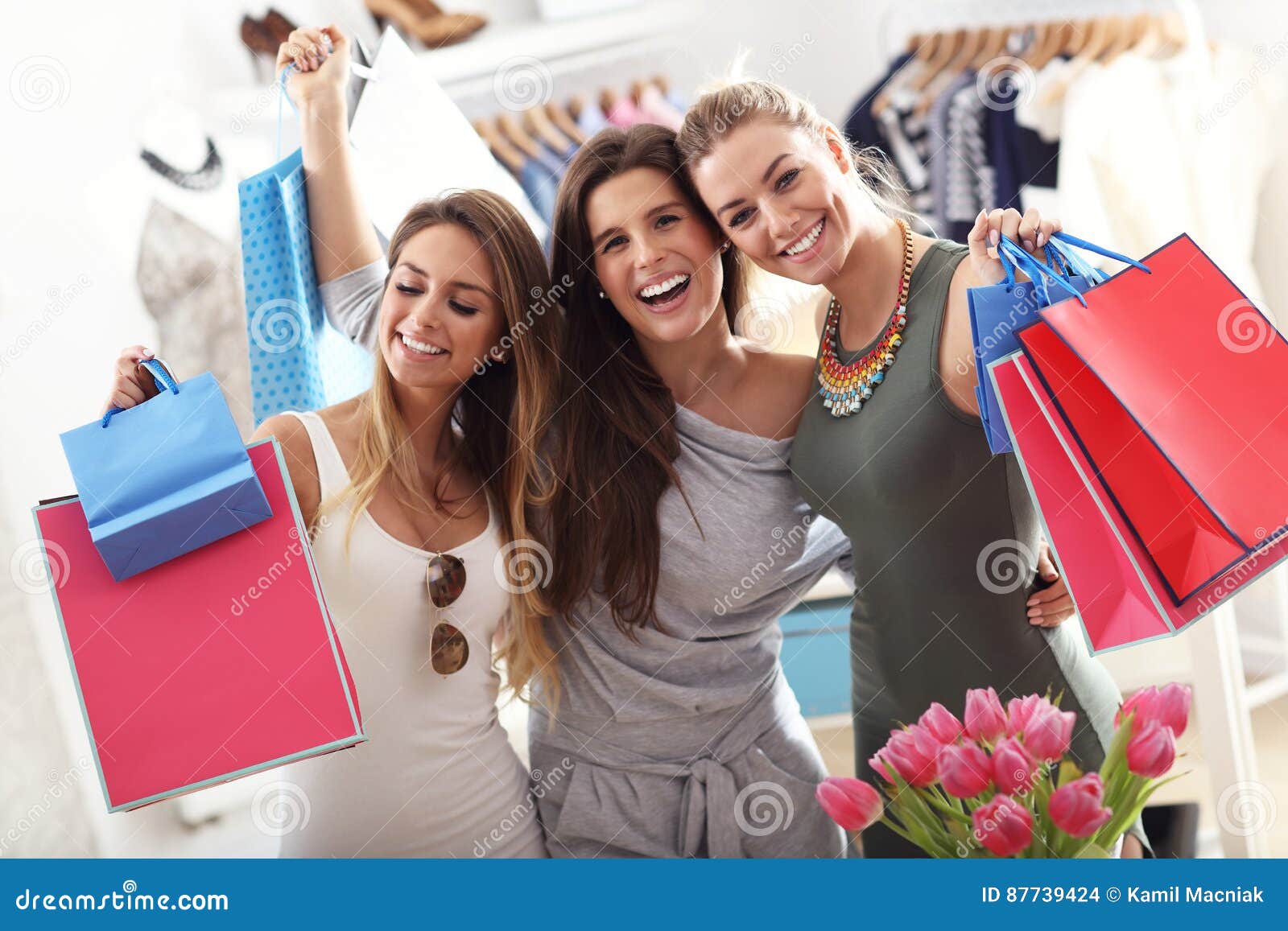Group of Happy Friends Shopping in Store Stock Photo - Image of face ...