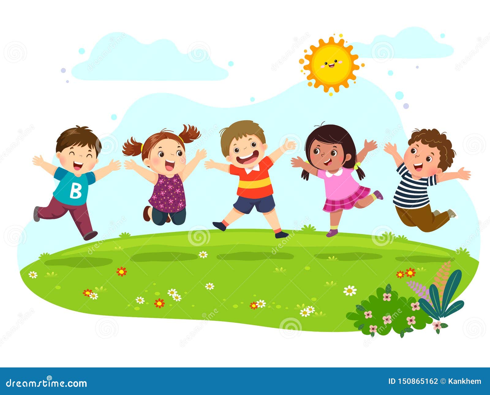 group of happy kids jumping on summer meadow