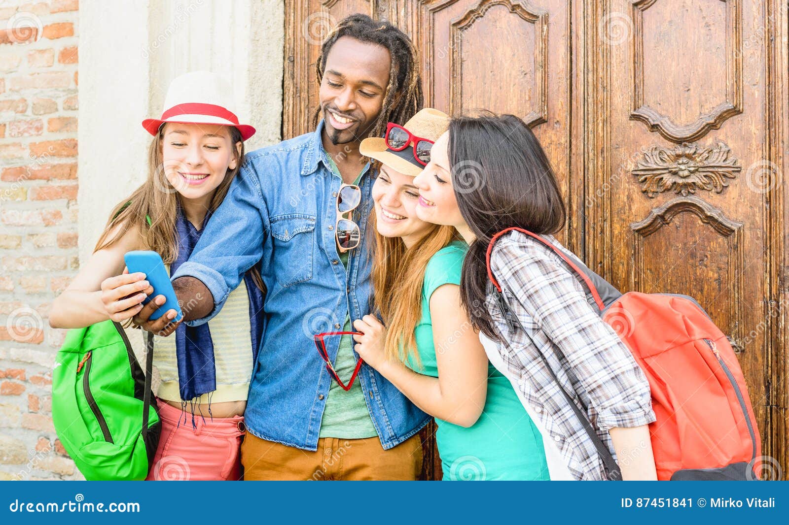 Group Of Happy Multiracial Friends Taking Selfie With Mobile Phone Stock Image Image Of 