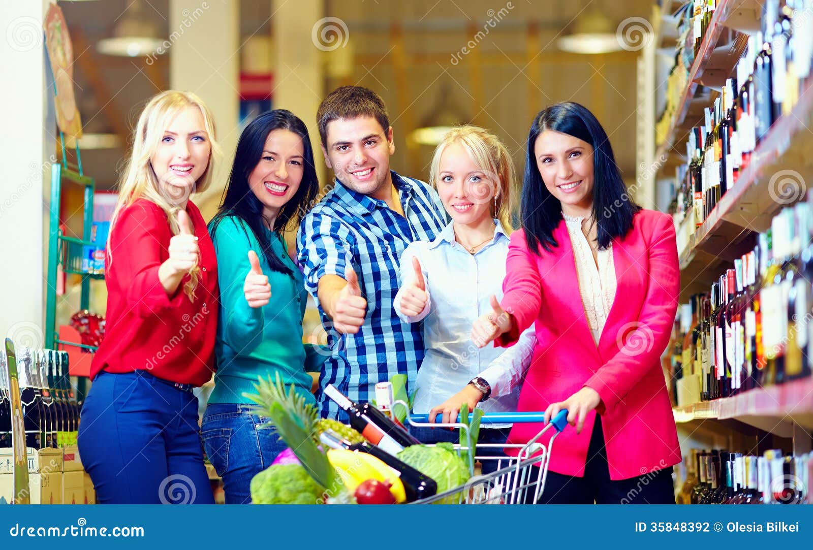 Group Of Happy People In Supermarket, Thumb Up Stock Photo Image
