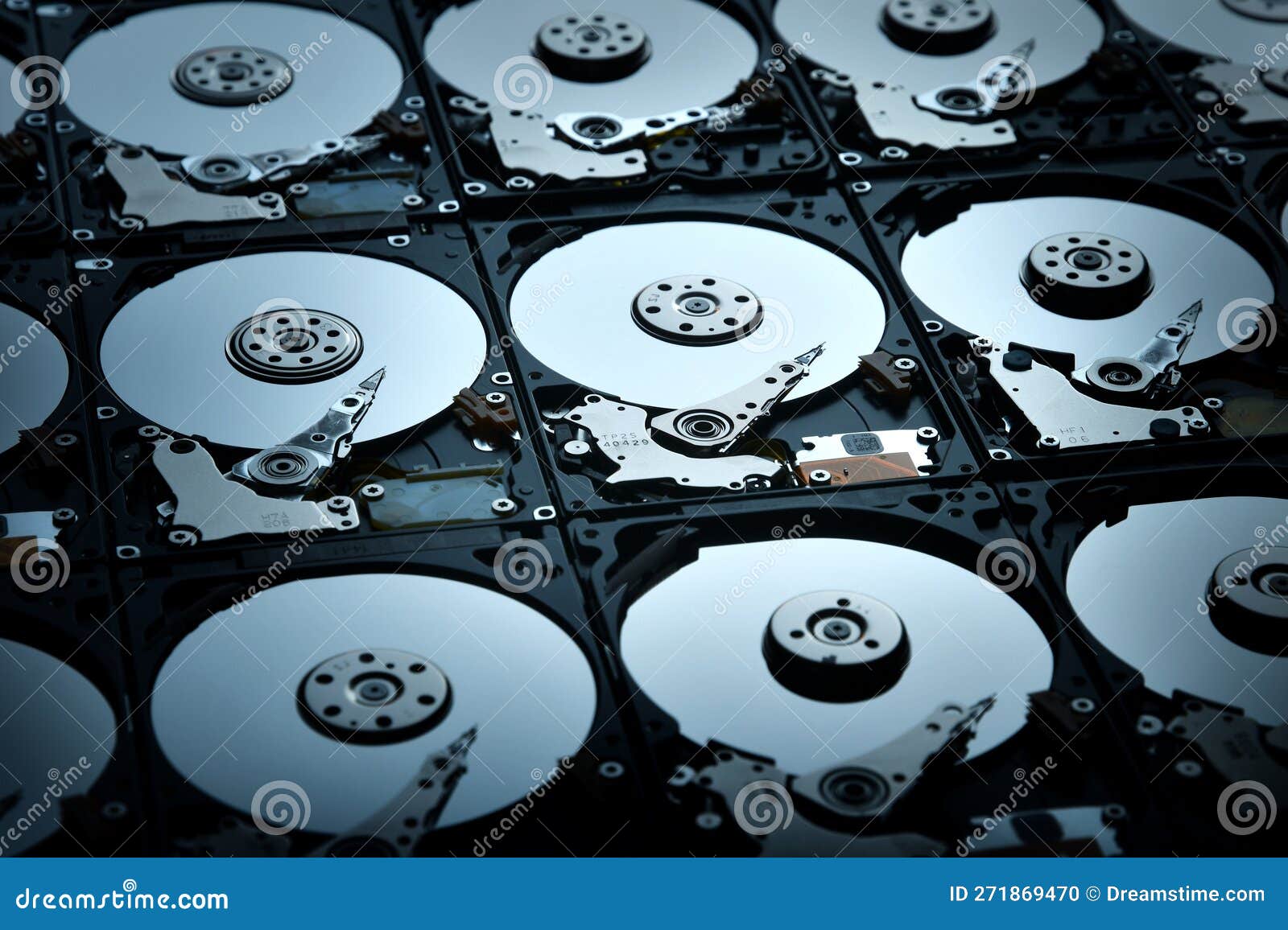 Group of Hard Disk Drives. Many Open Hard Drives. Closeup of the