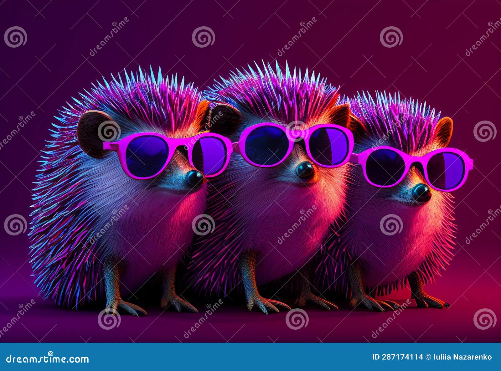 Hedgehogs with Glasses in Neon Colors. AI Generated Stock Photo Image
