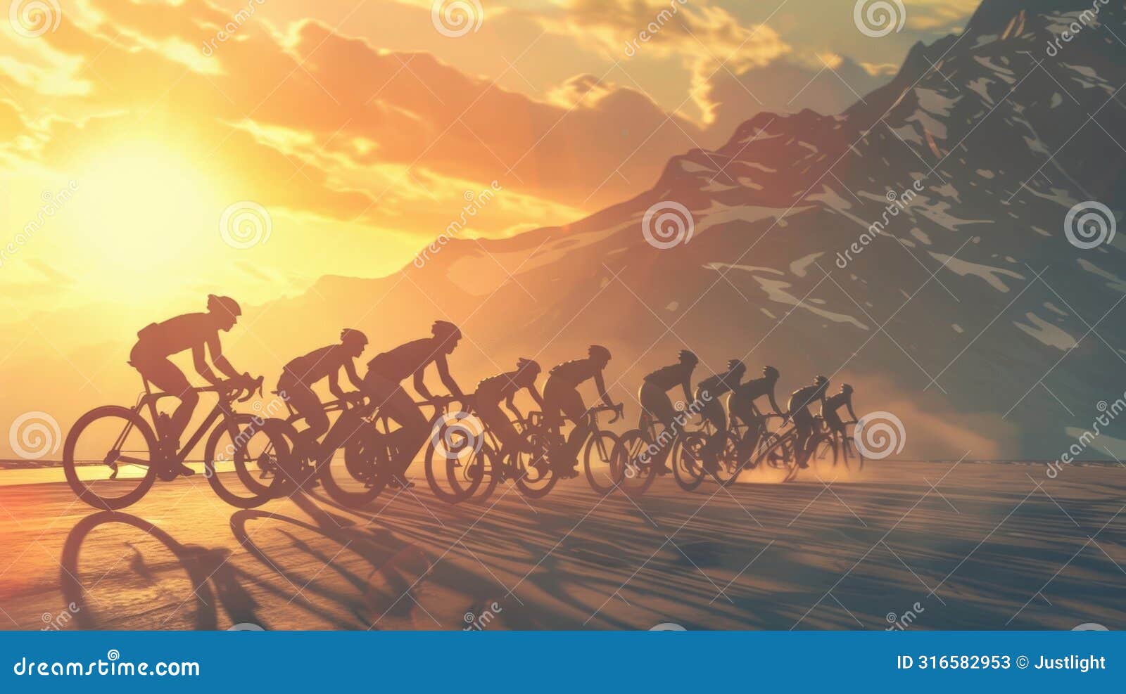 a group of highend cyclists riding in unison with the sun shining behind them and a breathtaking mountain range in the