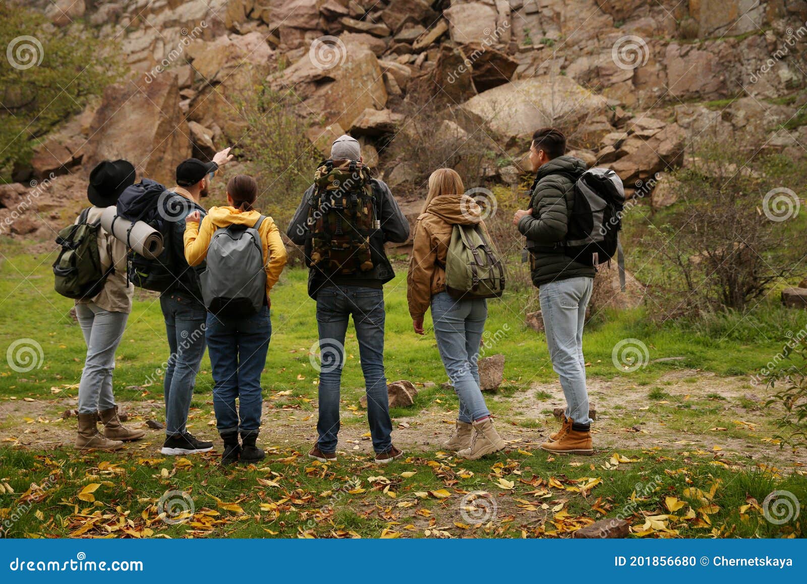 Group of Hikers with Backpacks in Mountains, Back View Stock Photo