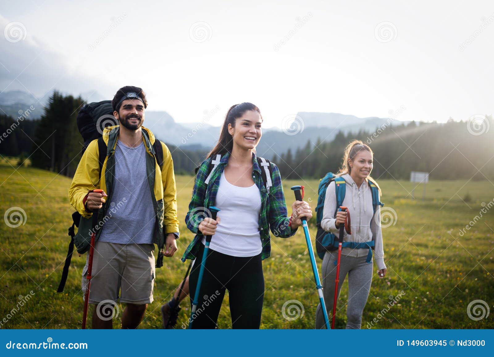 Group of Hikers with Backpacks and Sticks Walking on Mountain. Friends
