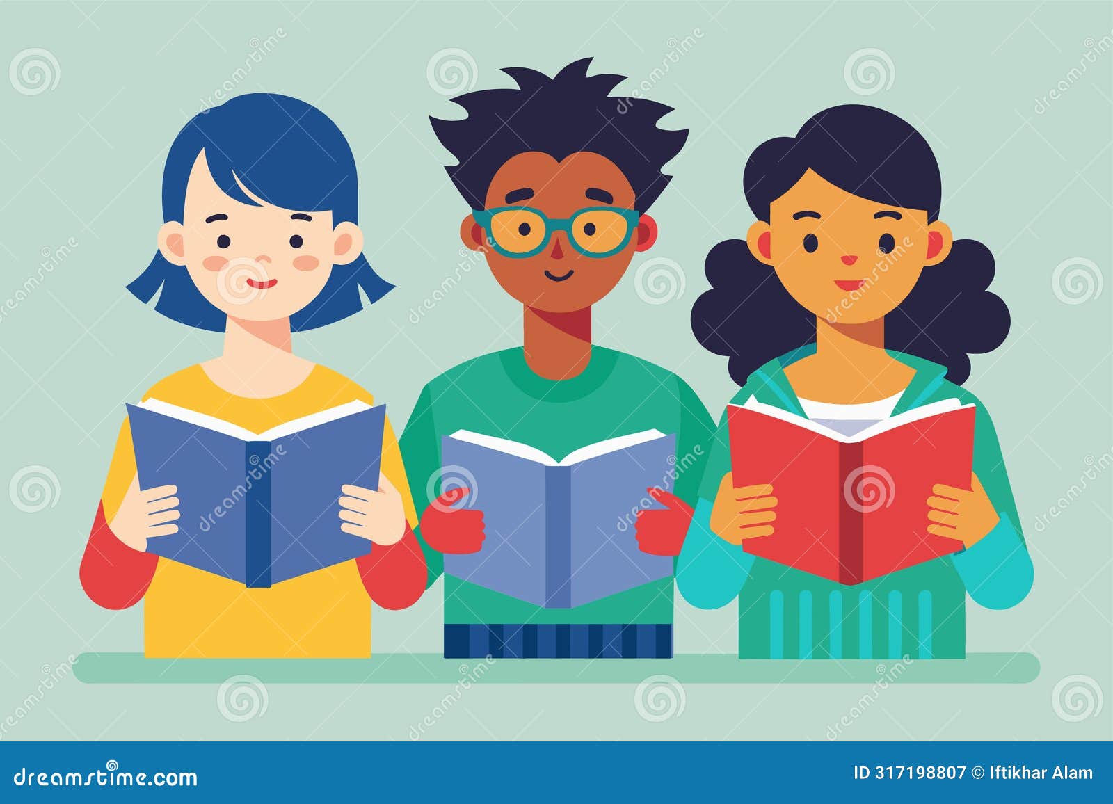 a group of individuals standing together, engrossed in reading books, three students are studying manuals, simple and minimalist