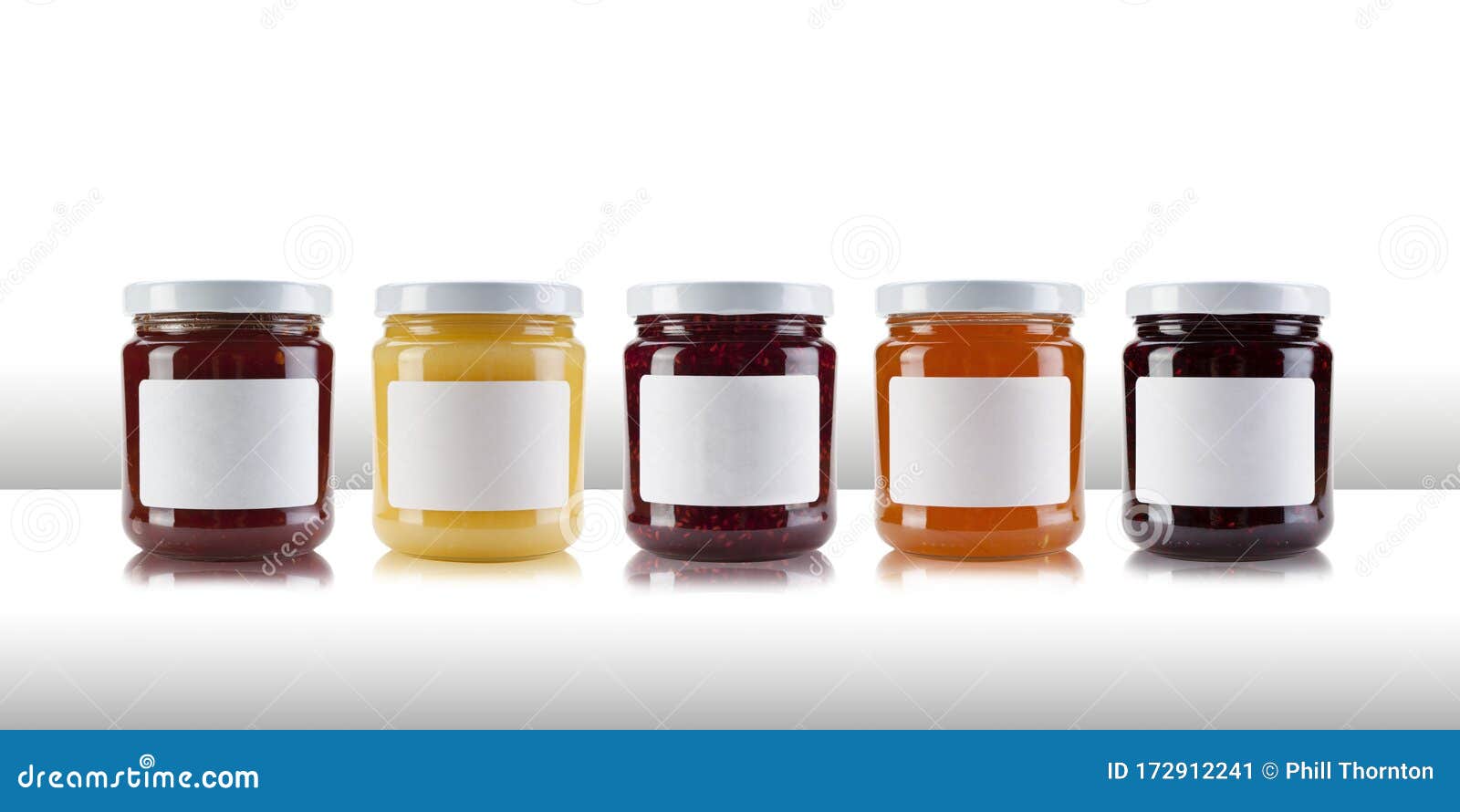 A Group Jars Containing Jams And Preserves Including Rasperry Strawberry Marmalade Chutney And Relish With Blank White Labels Stock Image Image Of Jars Eating