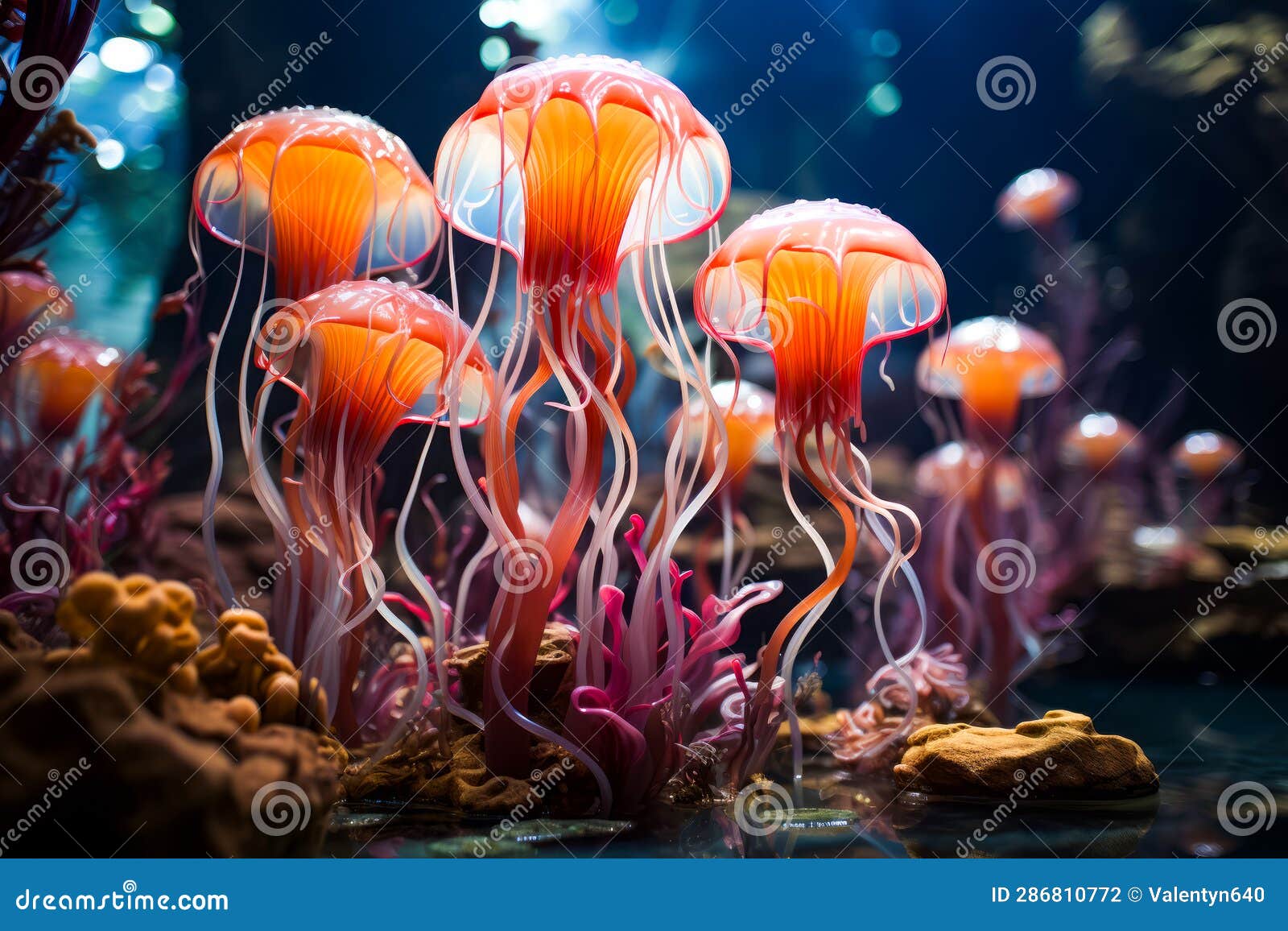 Group of Jellyfish in Aquarium with Corals. Generative AI Stock