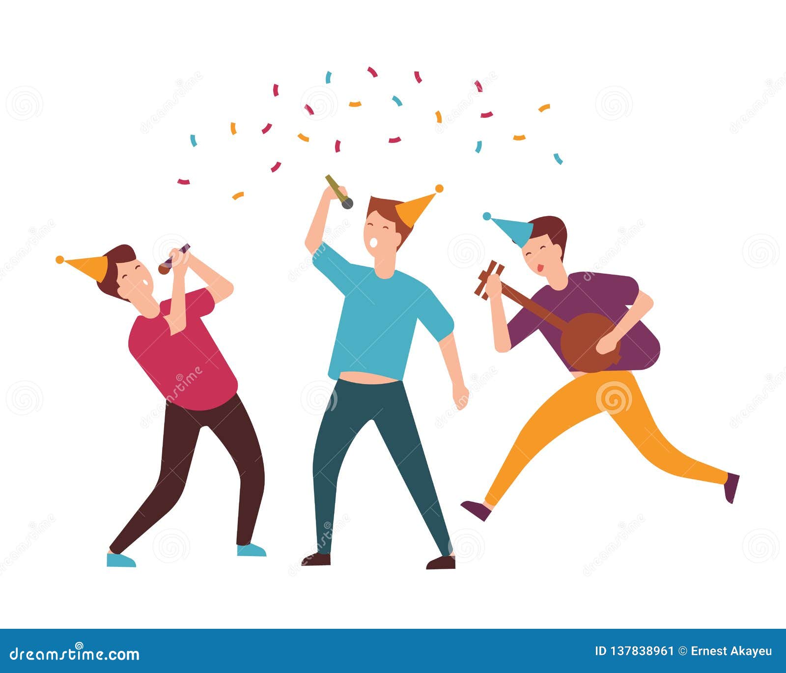 Group of Joyful Young Men or Boys in Cone Hats Celebrating Birthday. Funny Friends Singing Songs and Playing Music Stock Vector - Illustration of mate, celebration: 137838961 Group of Joyful Young Men or Boys in Cone Hats Celebrating Birthday. Funny Friends Singing Songs and Playing Music Stock Vector - Illustration of mate, celebration: 137838961