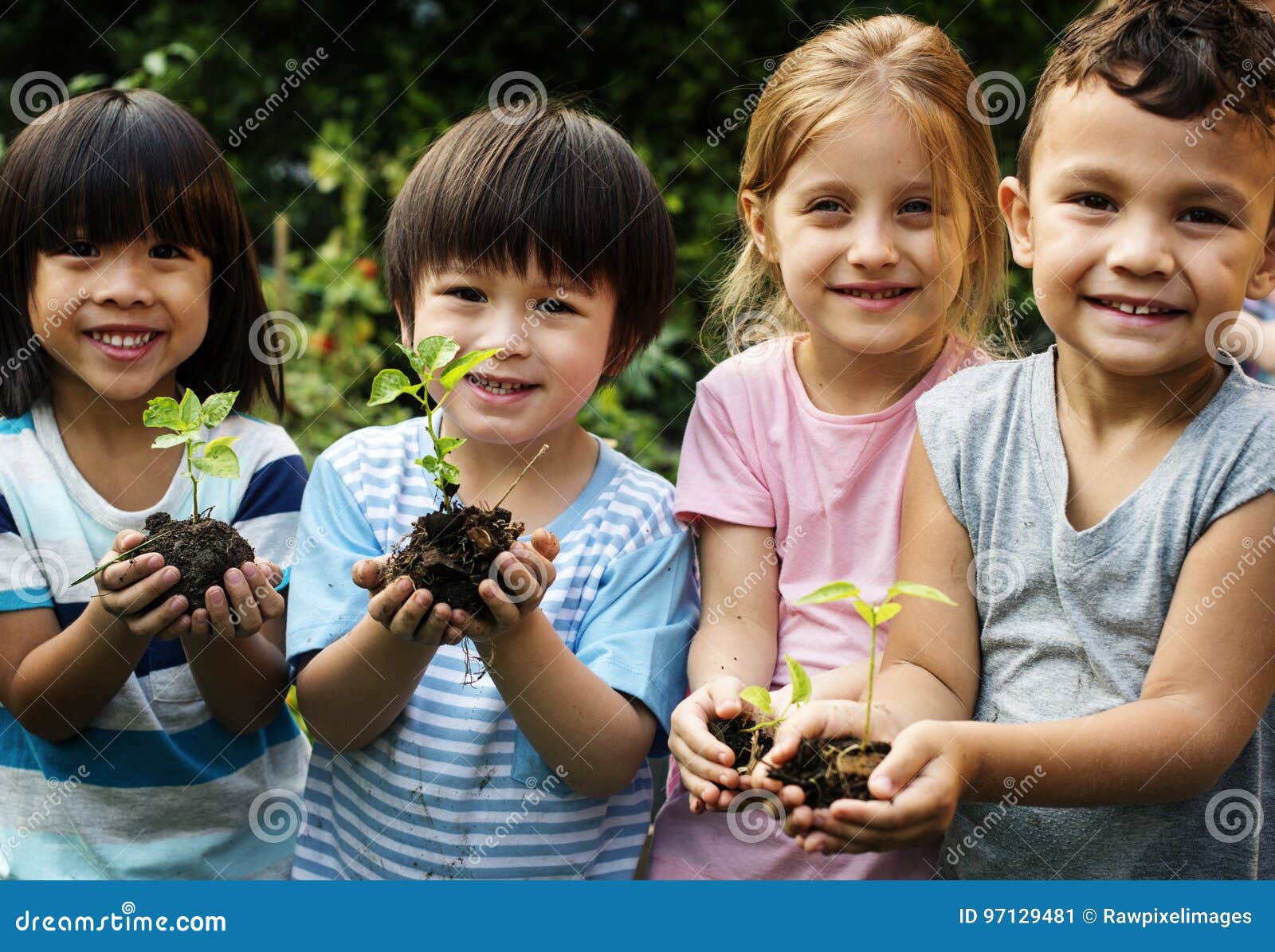 group of kindergarten kids friends gardening agriculture