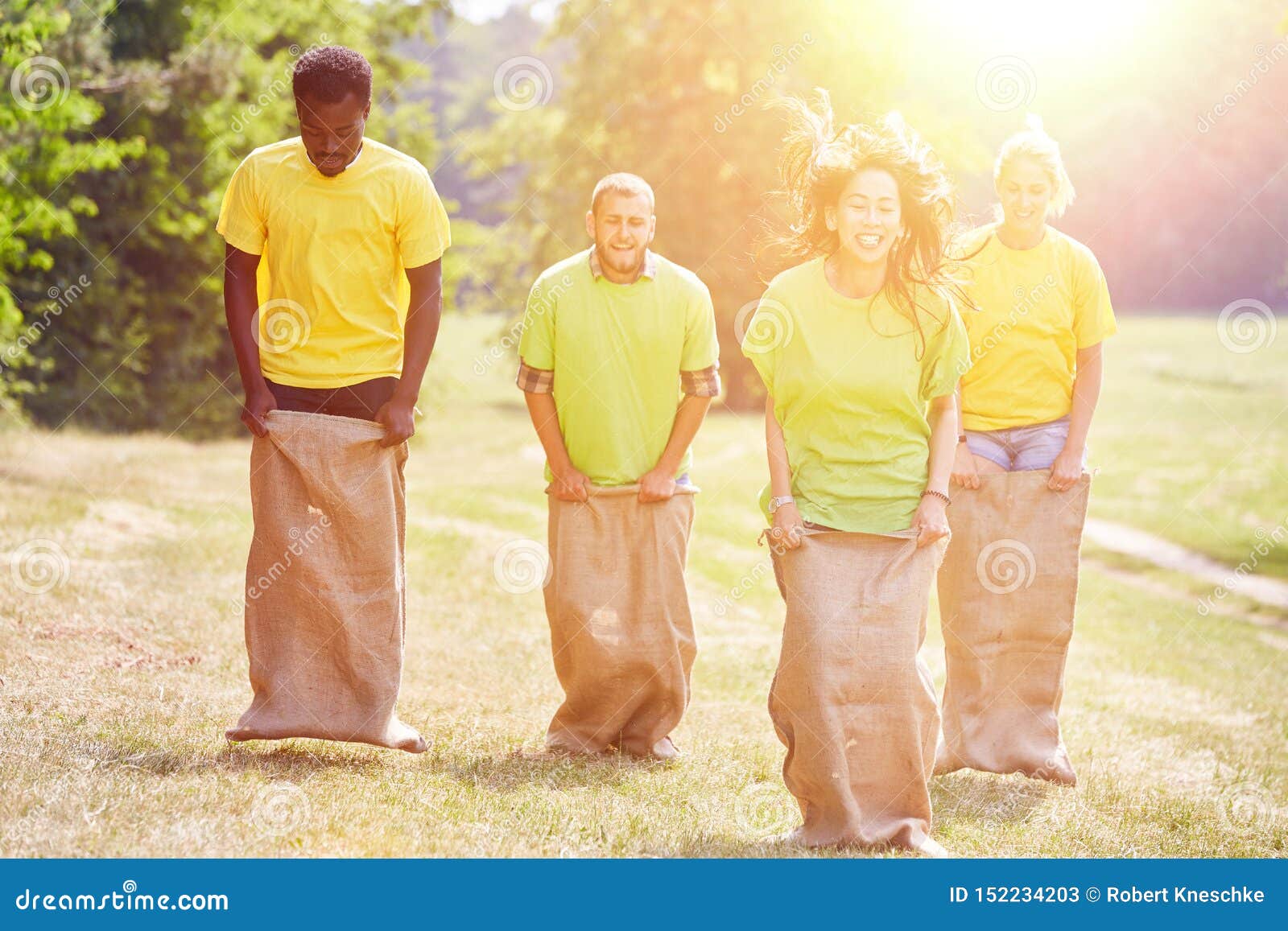 Group Makes Sack Jumping As Teambuilding Event Stock Image - Image of ...