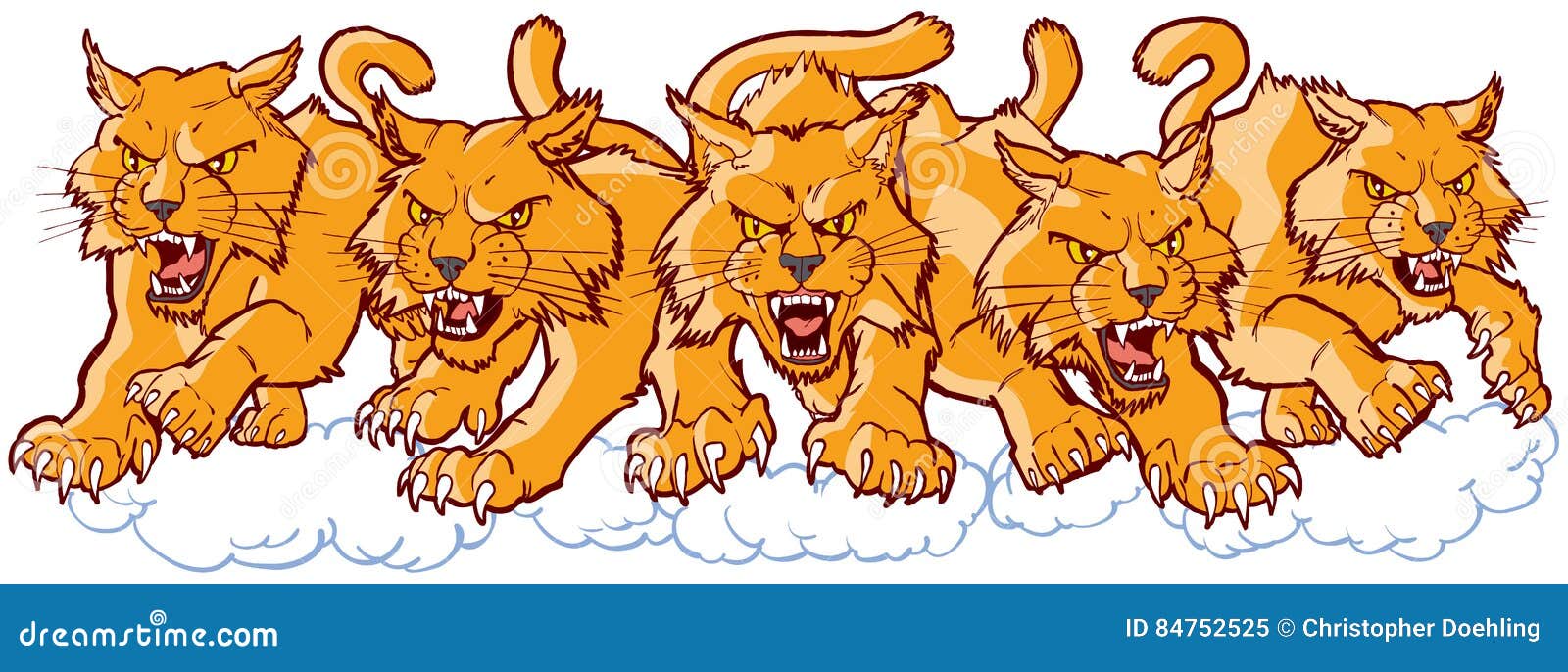 group of mean wildcat cartoon mascots charging forward