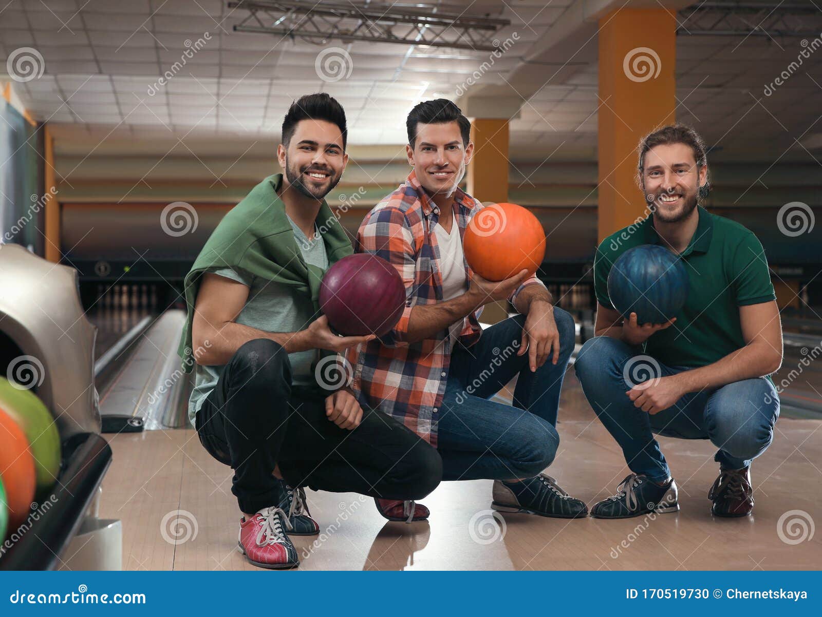 Group of Men with Balls in Bowling Stock Photo Image of healthy