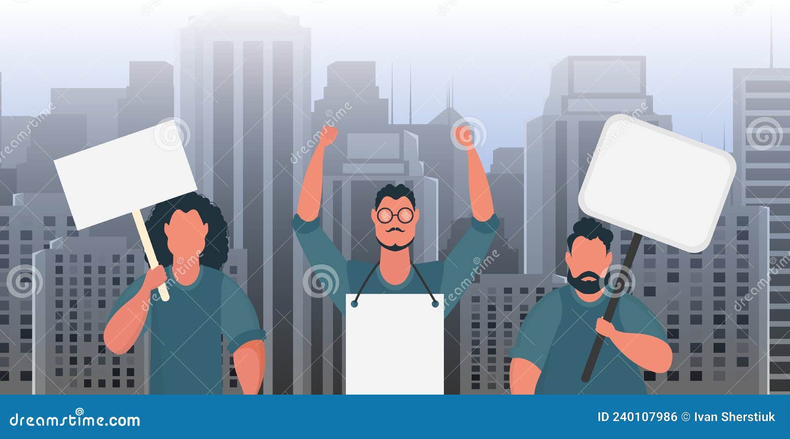 A group of men protest with banners. The concept of citizens strikes. Cartoon style. Vector illustration in eps10 format for you and your design.