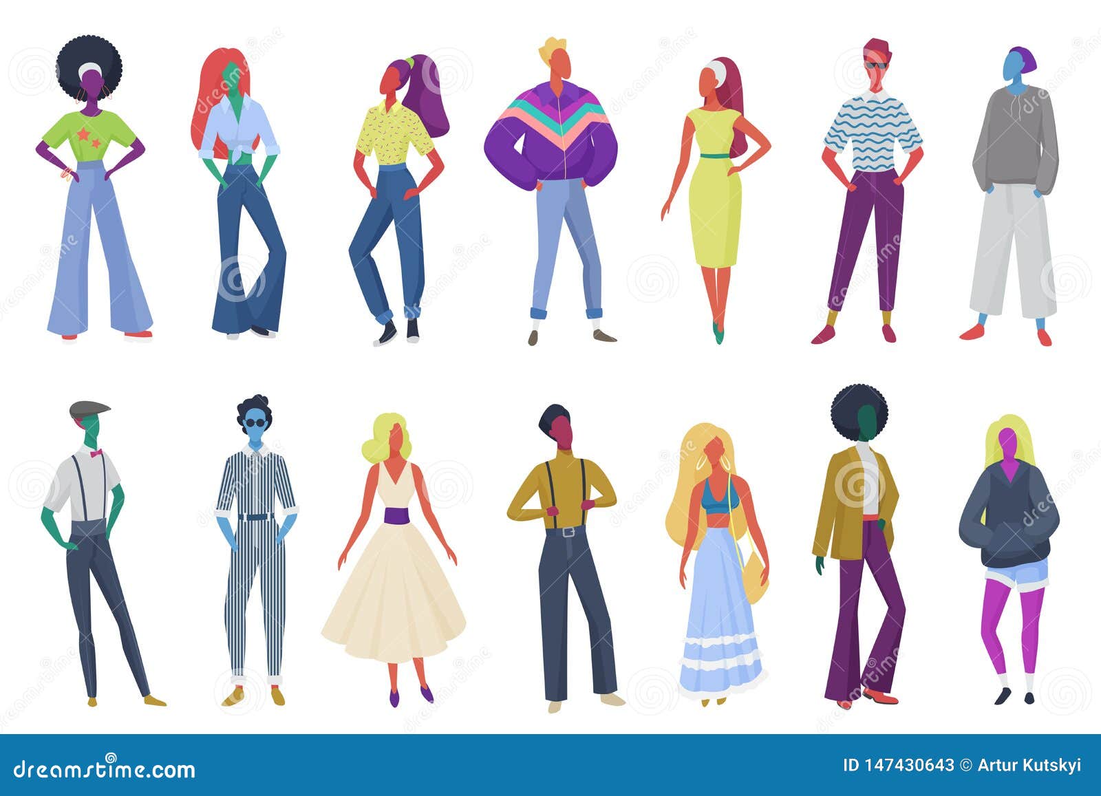 Group of Minimalistic Abstract Retro Fashion People Wearing Vintage Clothes.  Men and Women in 60s, 70s 80s Style Stock Vector - Illustration of person,  comic: 147430643