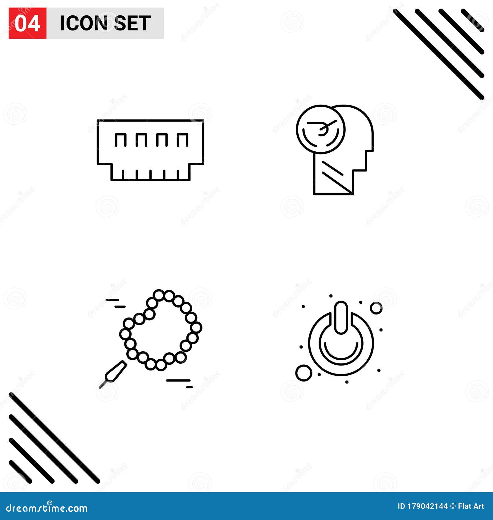 group of 4 modern filledline flat colors set for computers, speed, hardware, brain, pray